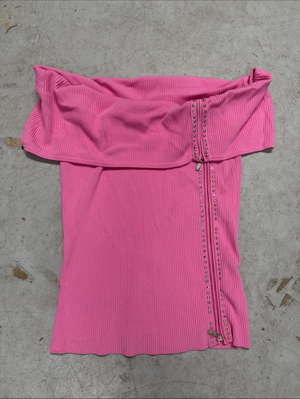 Off-Shoulder Ribbed Pink Stud-Trim Tube Top CACHE Size Large Zipper